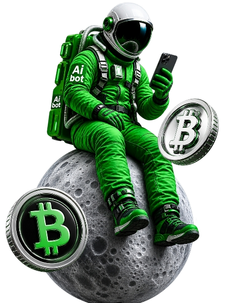 Nexumchain AI bot astronaut sitting on the moon with Bitcoin coins